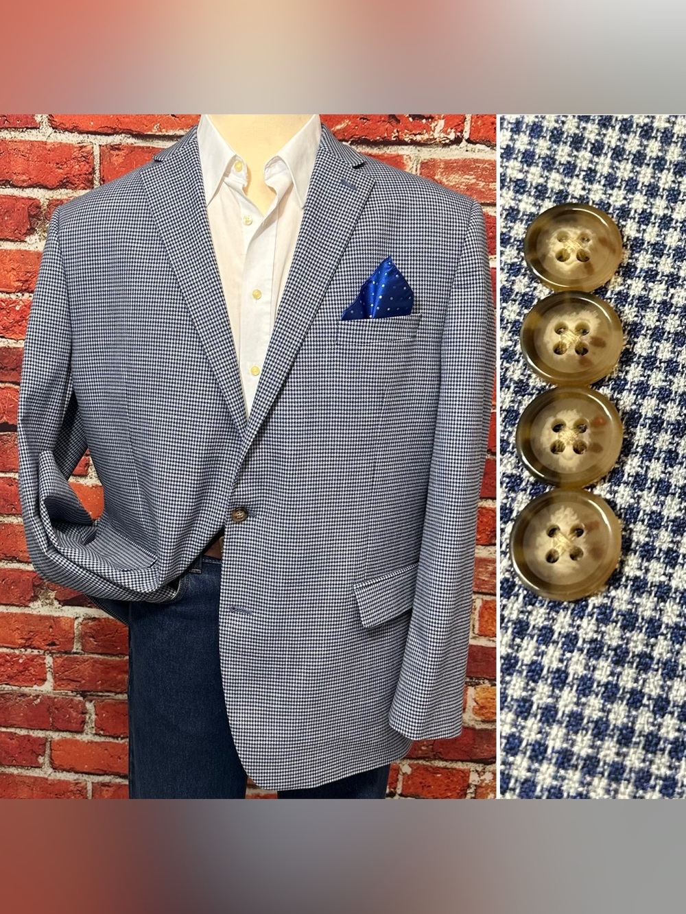 RALPH LAUREN MENS BLAZER SZ 50L LONG FIT BLUE HOUNDSTOOTH CHECK SPORT COAT